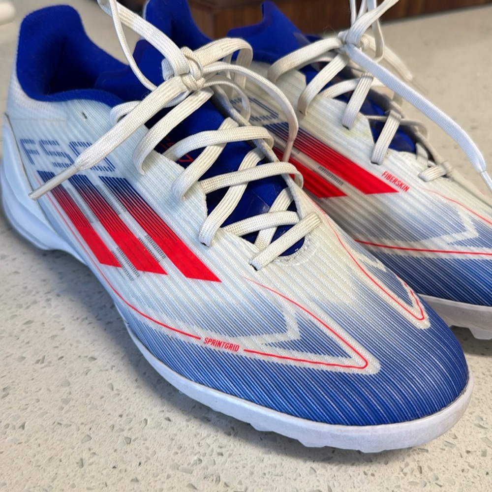 Adidas Soccer F50 League TF Unisex Fiberskin/Sprintgrid White Red Blue Sz 6.5
